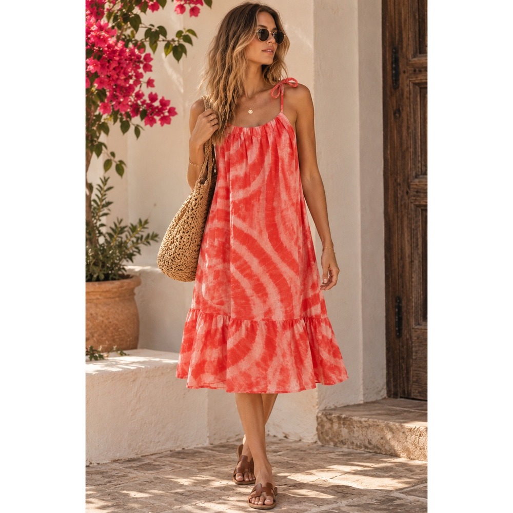 Bellambra Italy Coral Tie Dye Linen Midi Dress Medium Swirl Tiered Hem Boho